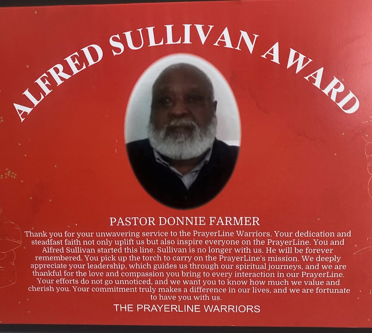 The Alfred Sullivan Award presented to Pastor Donnie Farmer